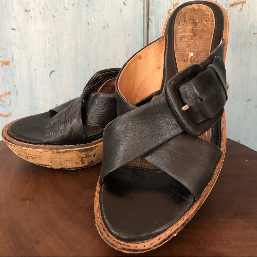 Sofft black leather wedge slides with buckle & cork-covered heel with gold - Picture 13 of 13